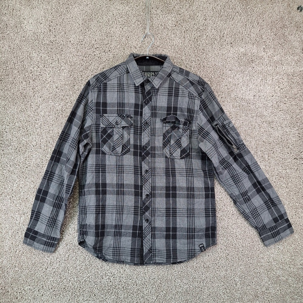 Surplus Button Up Shirt Mens M Grey Plaid Flannel Arm Pocket Utility Workwear